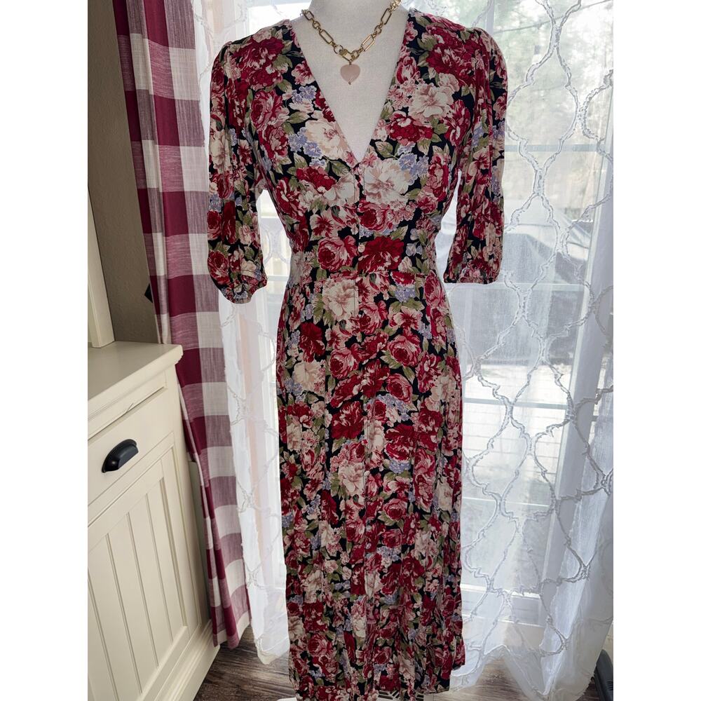 MINKPINK Lush Garden Floral Midi Dress Red Rose Smocked Back Size Large